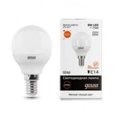 Лампа светодиодная LED 8вт 230в, Е14, теплый, шар Gauss Elementary